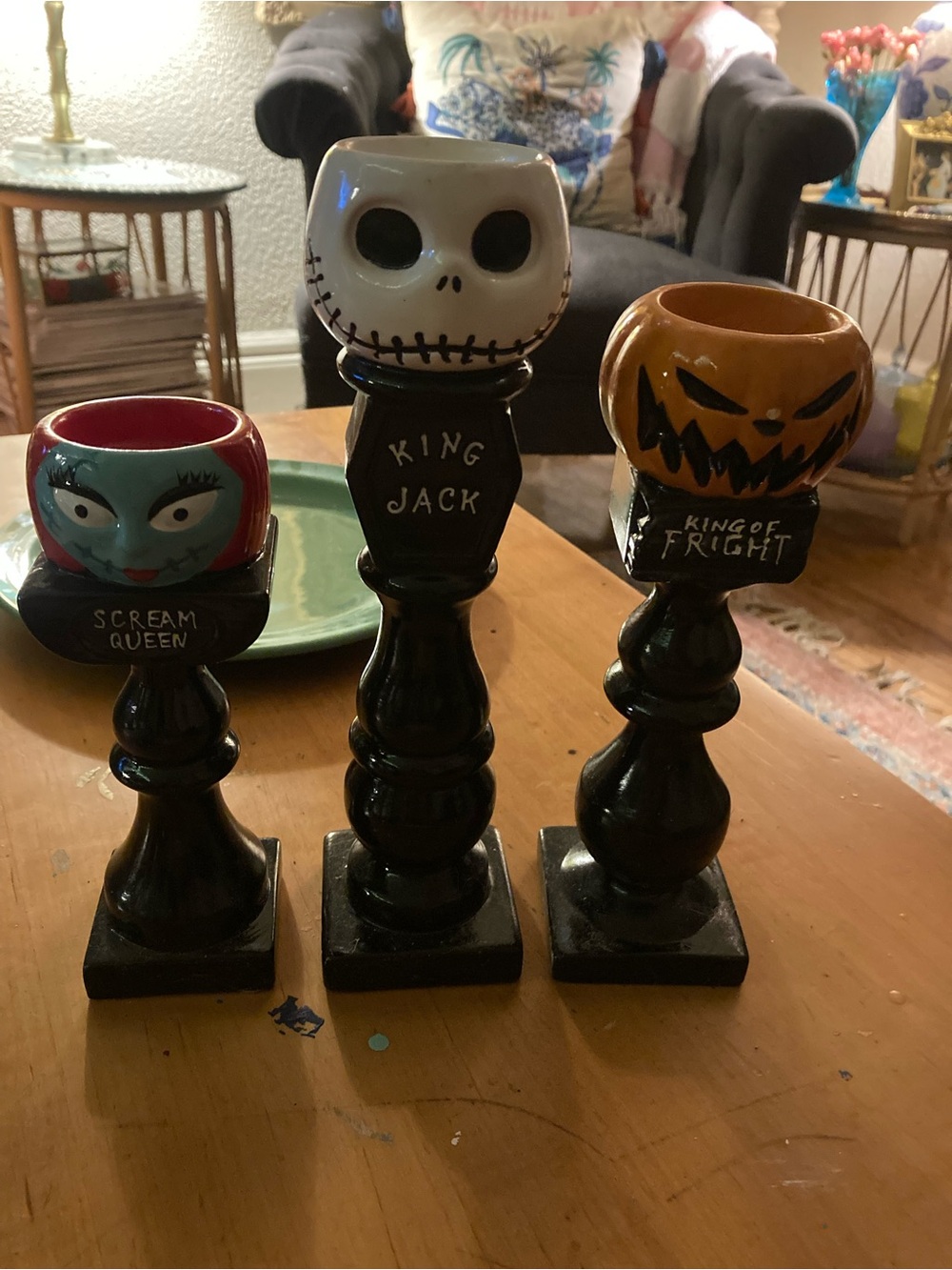 Halloween Ceramic Candle Holders Set - Black with White, Orange, Teal Accents